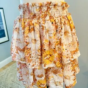 PINK LILY Skort/Skirt Ivory & Peach Floral Tiered Smocked Mini Sz Large